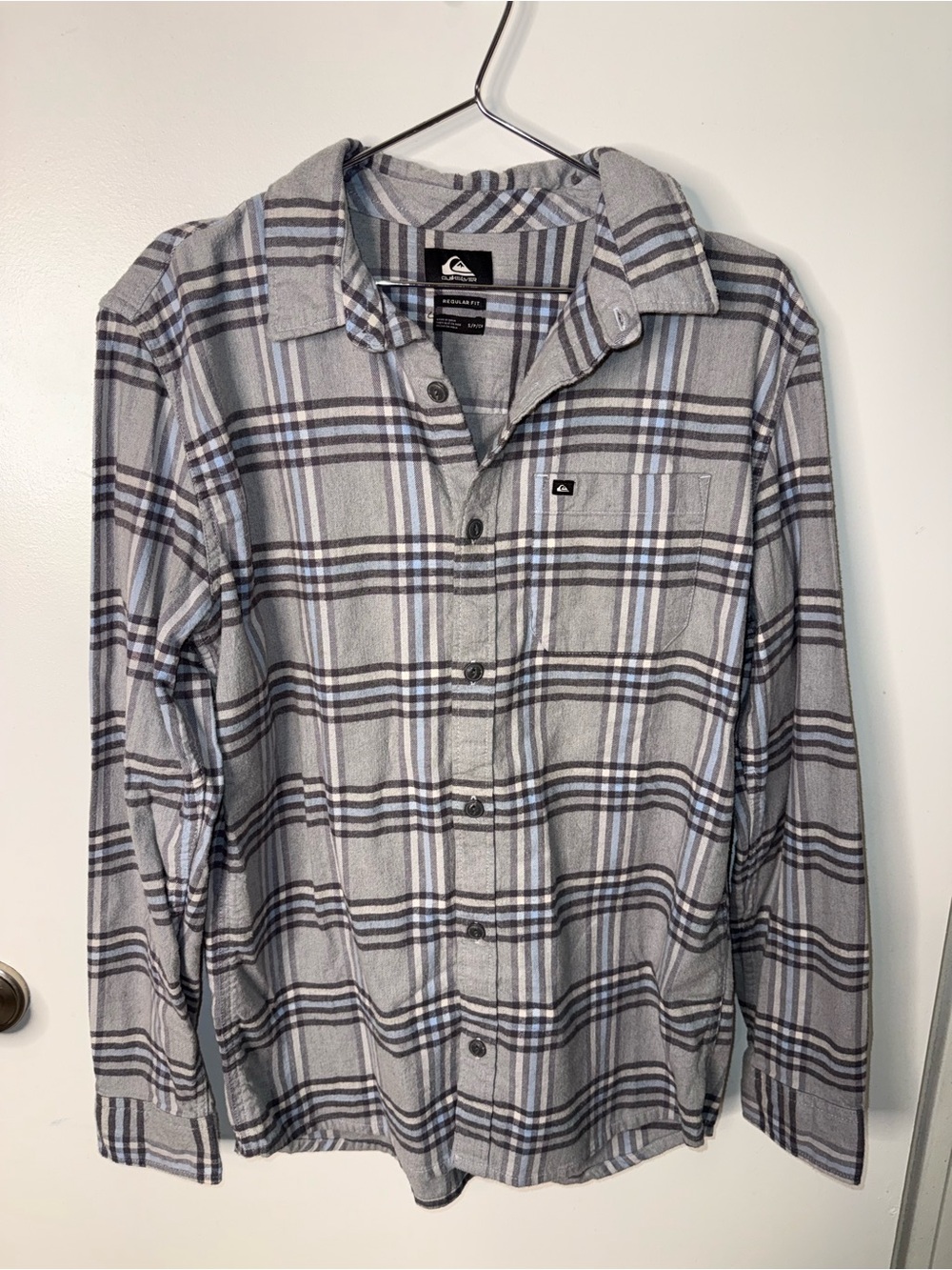 Quiksilver Gray Plaid Flannel Button Down Shirt Regular Fit Fall Thick